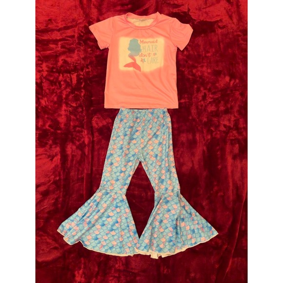 Unbranded Other - Girls Mermaid Hair Don't Care Pink Graphic Tee and Blue Scale Bell Bottom Set 4